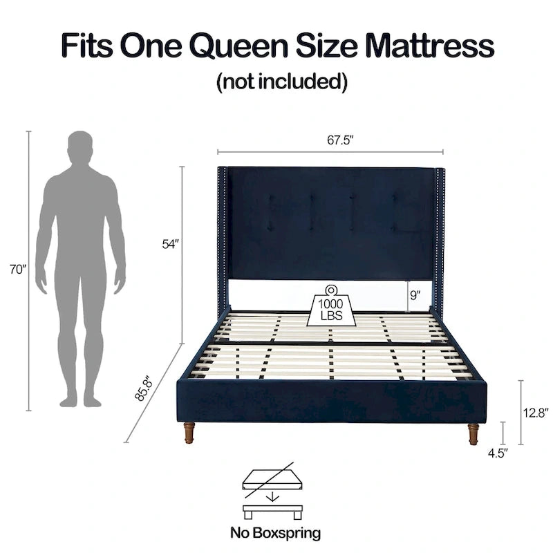 Lit rembourré en velours Peyton Queen de 54 po avec tête de lit haute