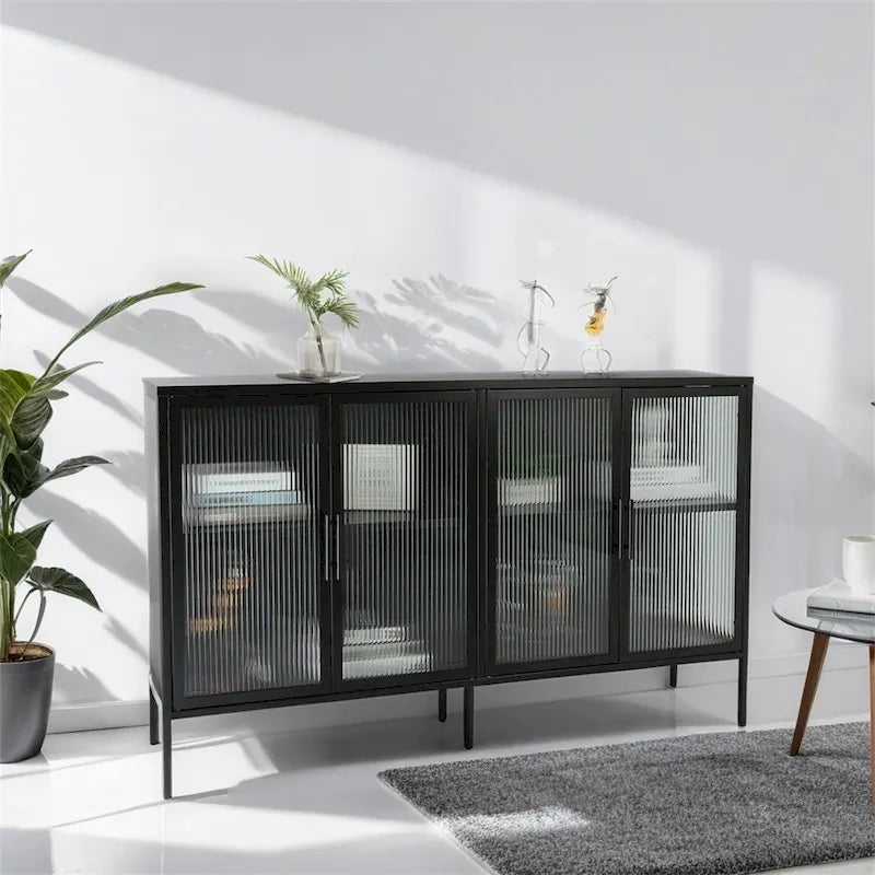 Élégant meuble à 4 portes en verre trempé avec 4 portes vitrées et étagère réglable