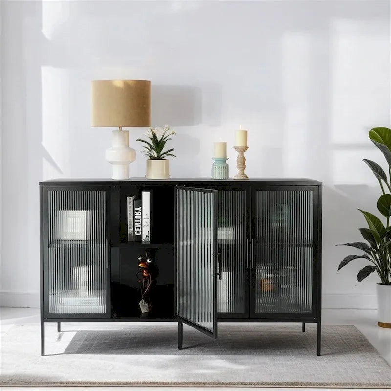 Élégant meuble à 4 portes en verre trempé avec 4 portes vitrées et étagère réglable
