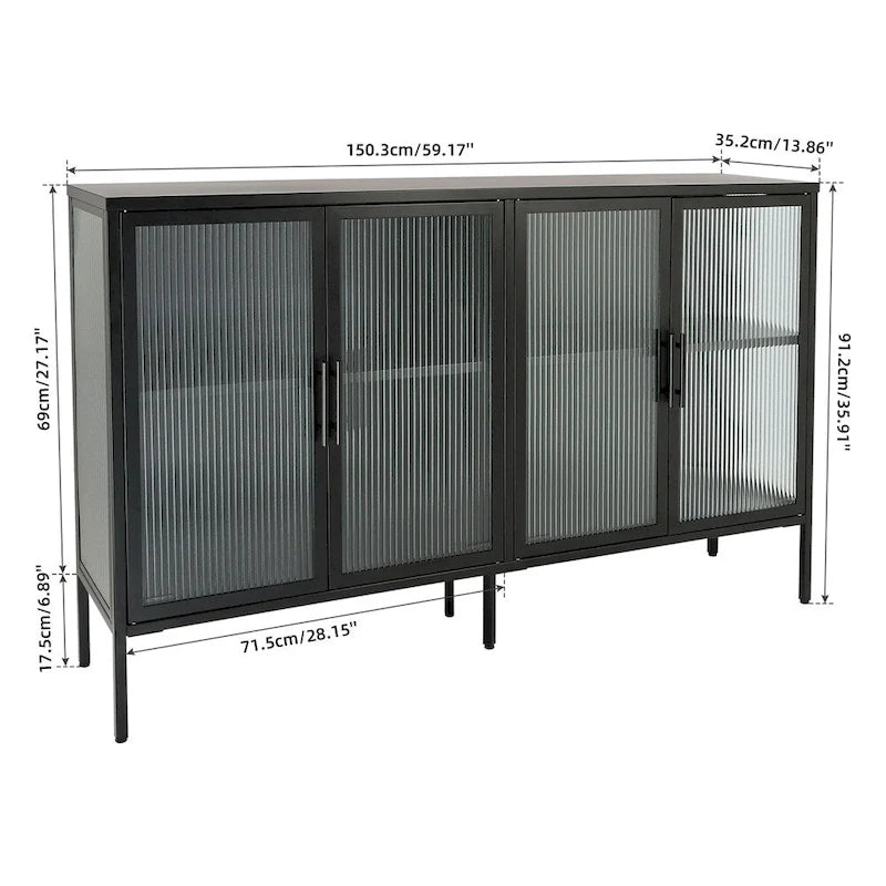 Élégant meuble à 4 portes en verre trempé avec 4 portes vitrées et étagère réglable