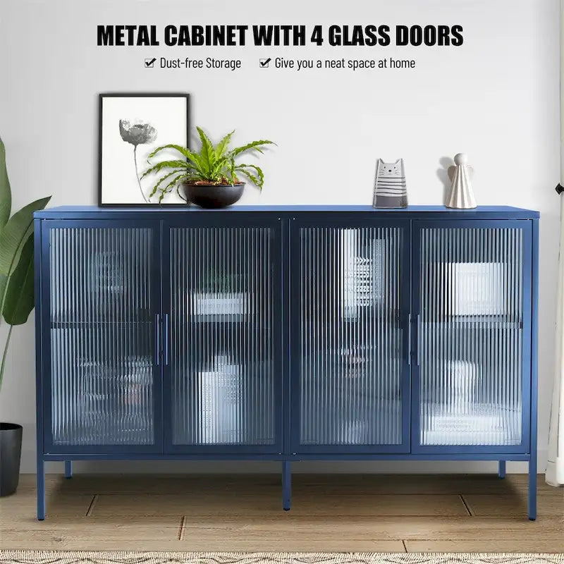 Élégant meuble à 4 portes en verre trempé avec 4 portes vitrées et étagère réglable