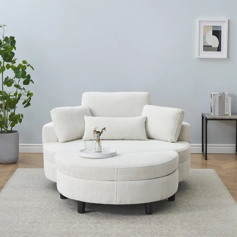 Fauteuil en velours côtelé avec pouf, 2 coussins décoratifs et 1 coussin lombaire