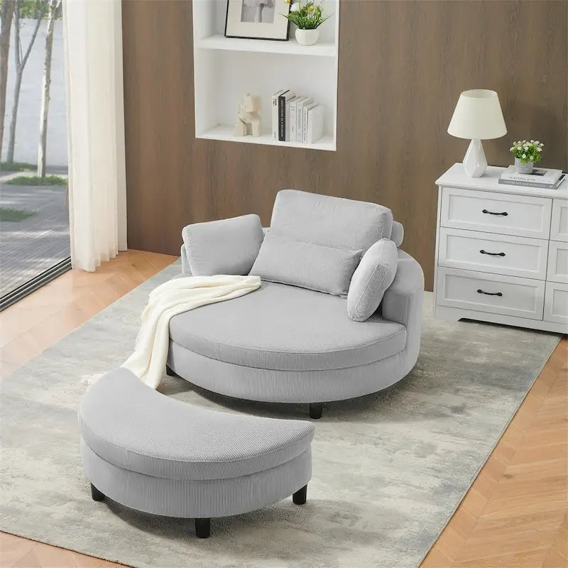 Fauteuil en velours côtelé avec pouf, 2 coussins décoratifs et 1 coussin lombaire