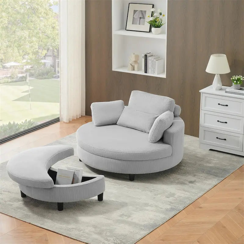 Fauteuil en velours côtelé avec pouf, 2 coussins décoratifs et 1 coussin lombaire