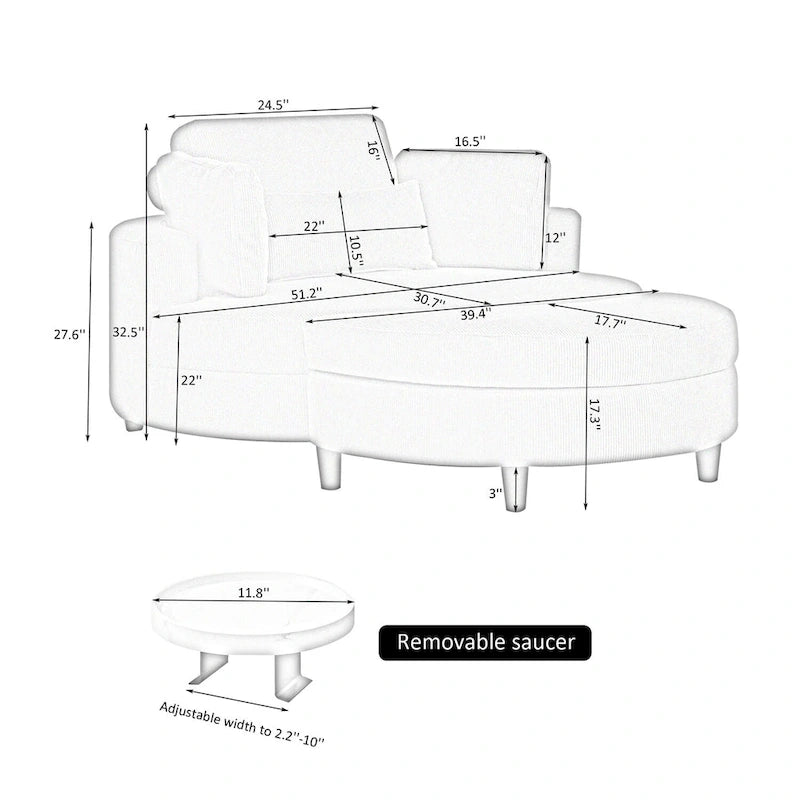 Fauteuil en velours côtelé avec pouf, 2 coussins décoratifs et 1 coussin lombaire
