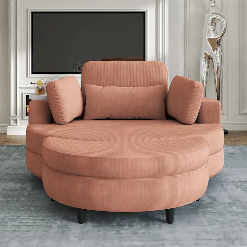 Fauteuil en velours côtelé avec pouf, 2 coussins décoratifs et 1 coussin lombaire