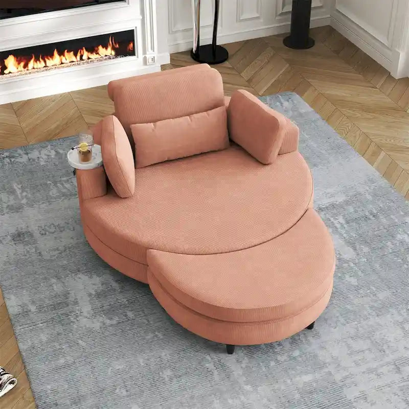 Fauteuil en velours côtelé avec pouf, 2 coussins décoratifs et 1 coussin lombaire