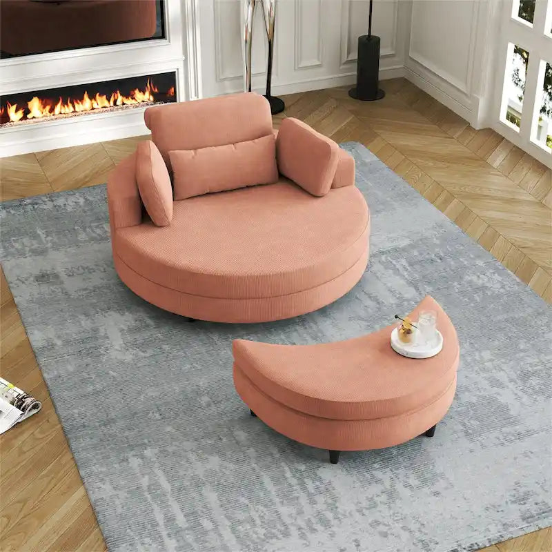 Fauteuil en velours côtelé avec pouf, 2 coussins décoratifs et 1 coussin lombaire