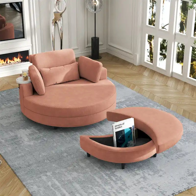 Fauteuil en velours côtelé avec pouf, 2 coussins décoratifs et 1 coussin lombaire