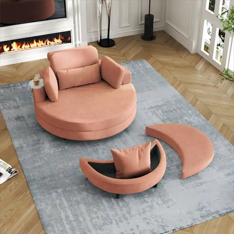 Fauteuil en velours côtelé avec pouf, 2 coussins décoratifs et 1 coussin lombaire