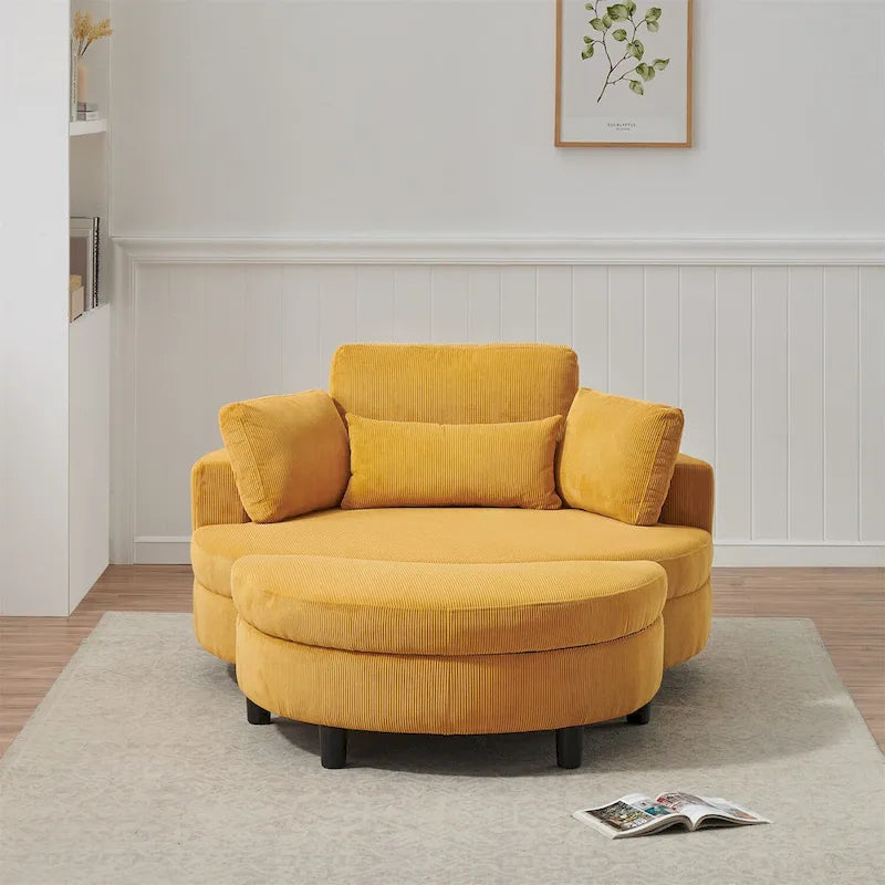 Fauteuil en velours côtelé avec pouf, 2 coussins décoratifs et 1 coussin lombaire