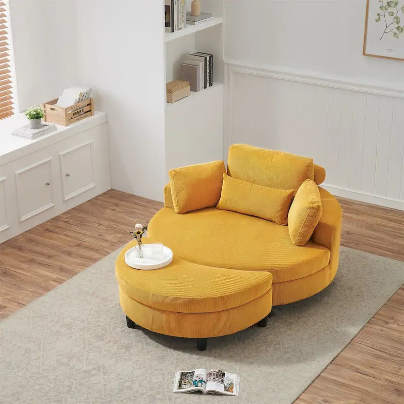 Fauteuil en velours côtelé avec pouf, 2 coussins décoratifs et 1 coussin lombaire