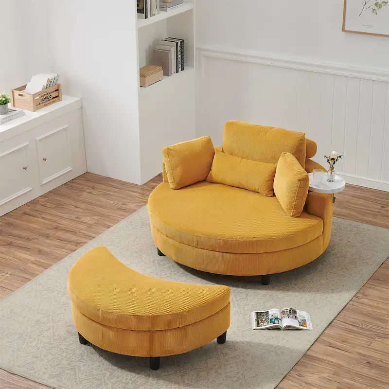 Fauteuil en velours côtelé avec pouf, 2 coussins décoratifs et 1 coussin lombaire