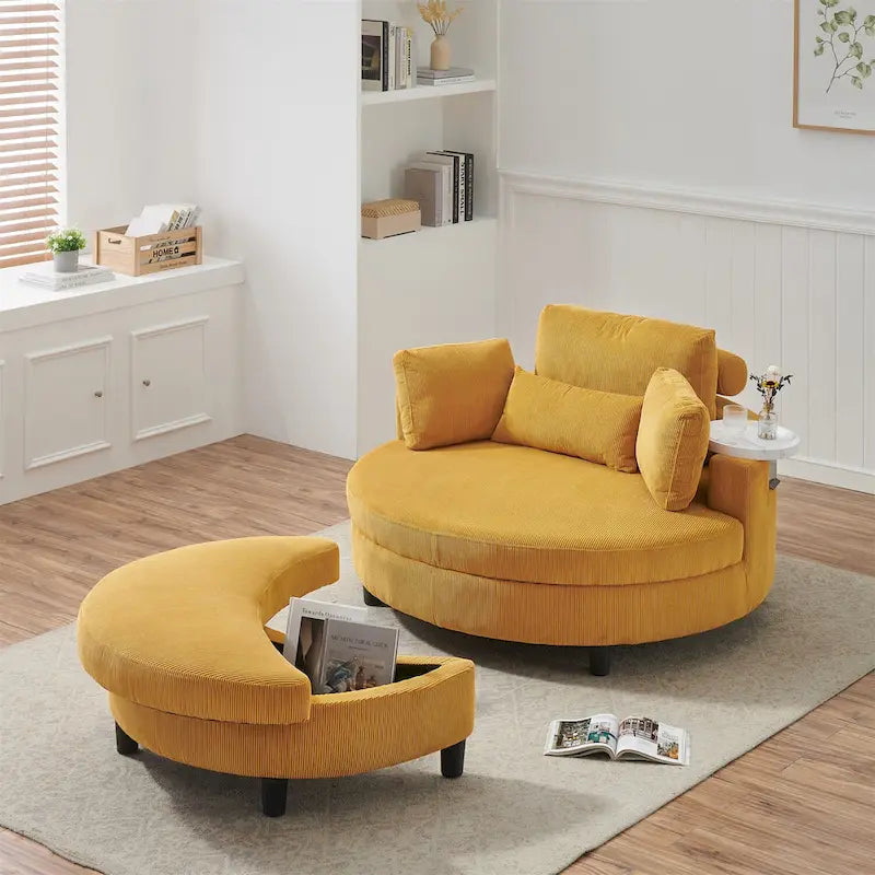Fauteuil en velours côtelé avec pouf, 2 coussins décoratifs et 1 coussin lombaire