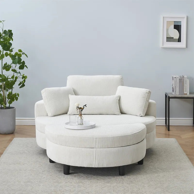 Fauteuil en velours côtelé avec pouf, 2 coussins décoratifs et 1 coussin lombaire