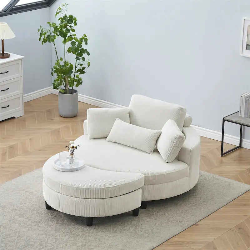 Fauteuil en velours côtelé avec pouf, 2 coussins décoratifs et 1 coussin lombaire