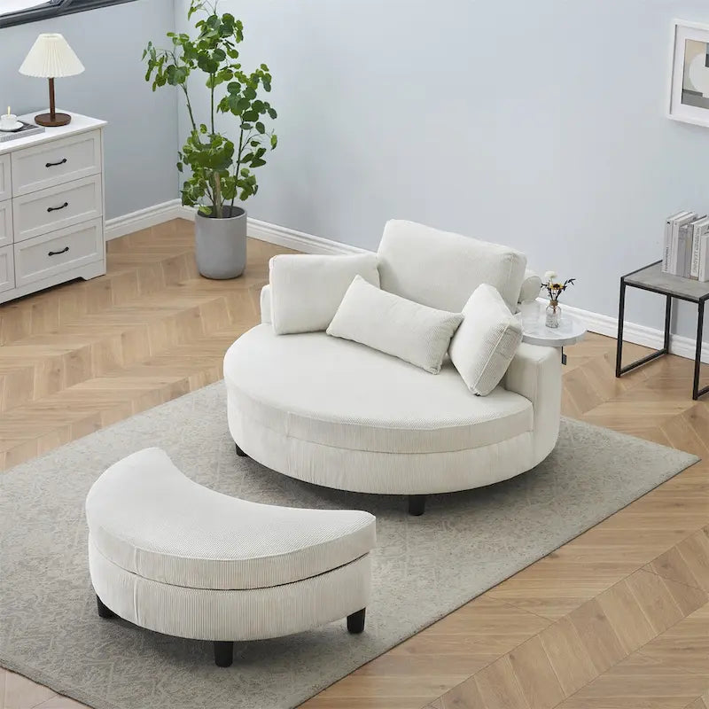Fauteuil en velours côtelé avec pouf, 2 coussins décoratifs et 1 coussin lombaire