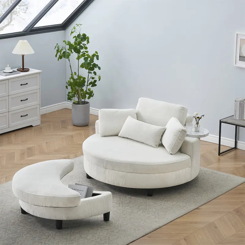 Fauteuil en velours côtelé avec pouf, 2 coussins décoratifs et 1 coussin lombaire