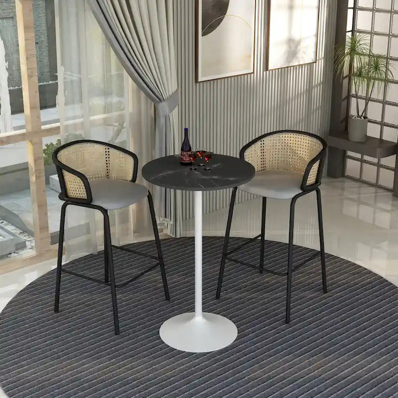 Table à manger ronde avec plateau en bois MDF et piètement en acier blanc pour cuisine et salle à manger