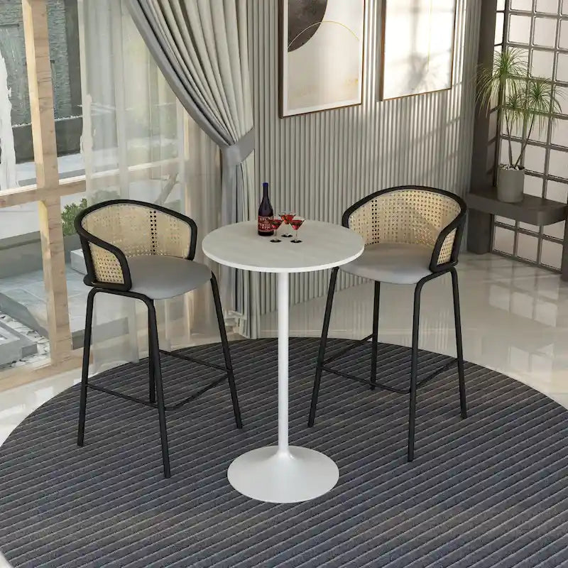 Table à manger ronde avec plateau en bois MDF et piètement en acier blanc pour cuisine et salle à manger