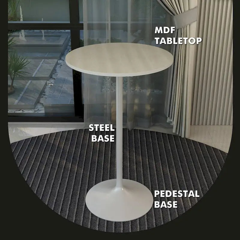 Table à manger ronde avec plateau en bois MDF et piètement en acier blanc pour cuisine et salle à manger