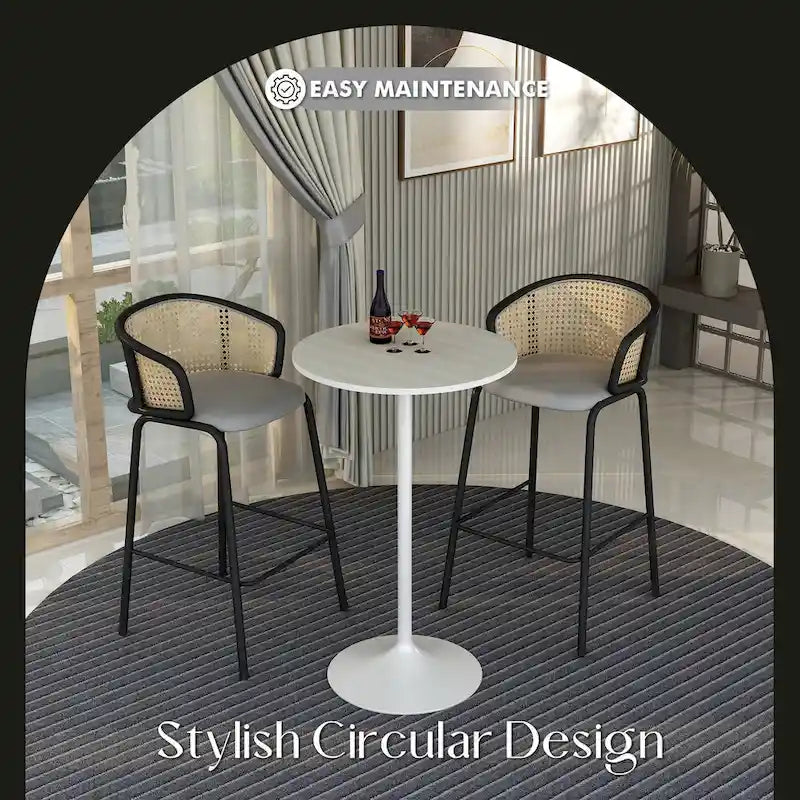 Table à manger ronde avec plateau en bois MDF et piètement en acier blanc pour cuisine et salle à manger