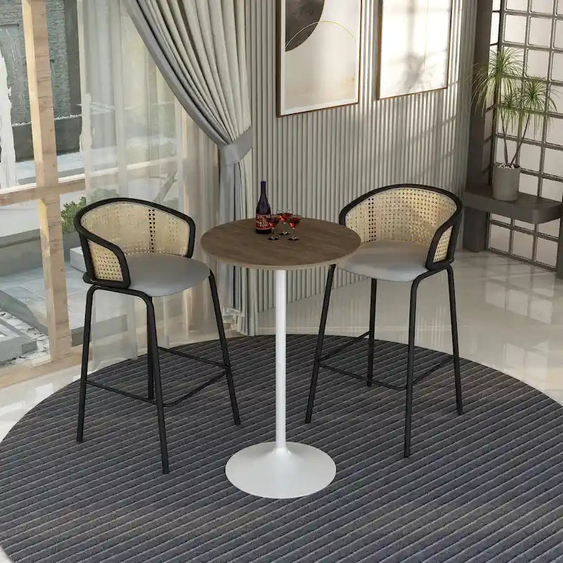 Table à manger ronde avec plateau en bois MDF et piètement en acier blanc pour cuisine et salle à manger
