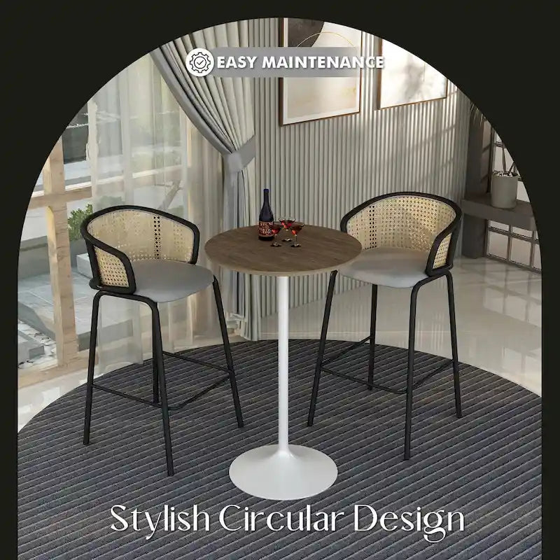 Table à manger ronde avec plateau en bois MDF et piètement en acier blanc pour cuisine et salle à manger