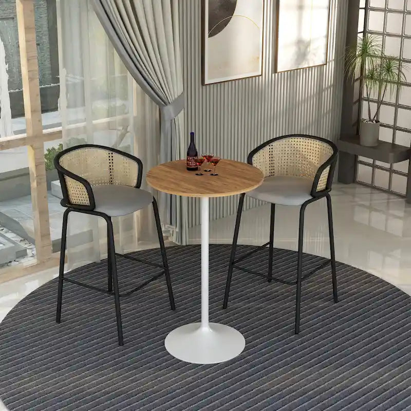 Table à manger ronde avec plateau en bois MDF et piètement en acier blanc pour cuisine et salle à manger