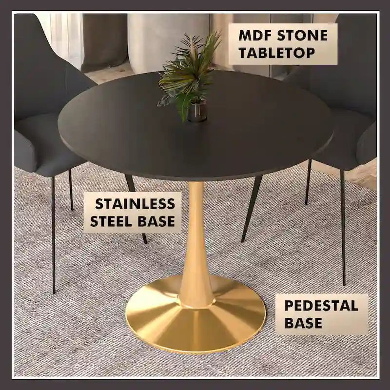 Table à manger ronde pour 4 personnes avec plateau en bois MDF et base en acier doré pour cuisine et salle à manger