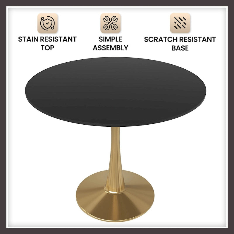 Table à manger ronde pour 4 personnes avec plateau en bois MDF et base en acier doré pour cuisine et salle à manger