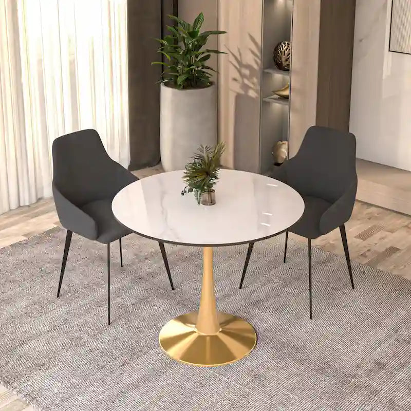 Table à manger ronde pour 4 personnes avec plateau en bois MDF et base en acier doré pour cuisine et salle à manger
