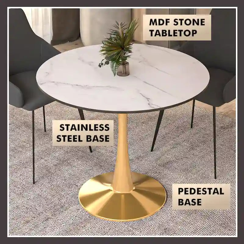 Table à manger ronde pour 4 personnes avec plateau en bois MDF et base en acier doré pour cuisine et salle à manger