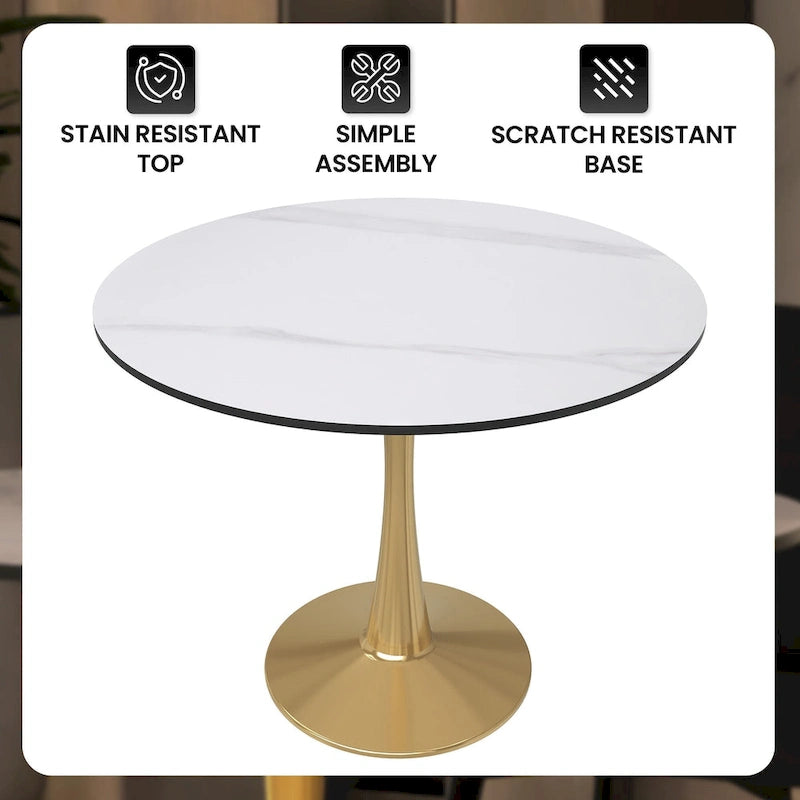 Table à manger ronde pour 4 personnes avec plateau en bois MDF et base en acier doré pour cuisine et salle à manger