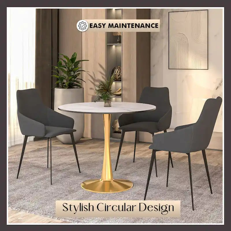 Table à manger ronde pour 4 personnes avec plateau en bois MDF et base en acier doré pour cuisine et salle à manger