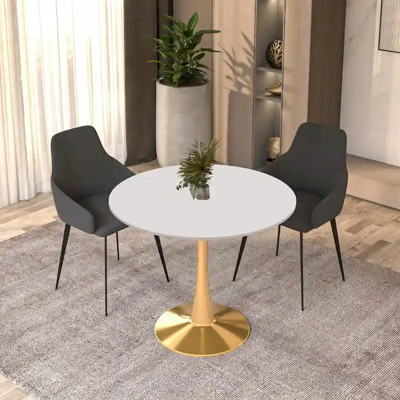 Table à manger ronde pour 4 personnes avec plateau en bois MDF et base en acier doré pour cuisine et salle à manger
