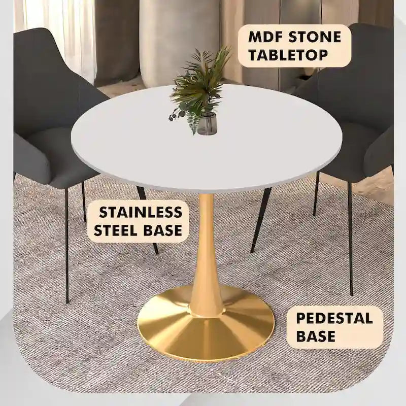 Table à manger ronde pour 4 personnes avec plateau en bois MDF et base en acier doré pour cuisine et salle à manger