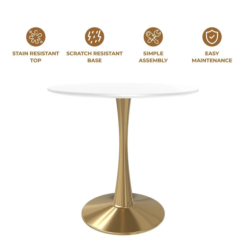 Table à manger ronde pour 4 personnes avec plateau en bois MDF et base en acier doré pour cuisine et salle à manger