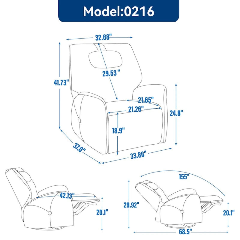 Fauteuil inclinable électrique pivotant et à bascule avec coussin de soutien lombaire et cervical, ports USB et Type-C