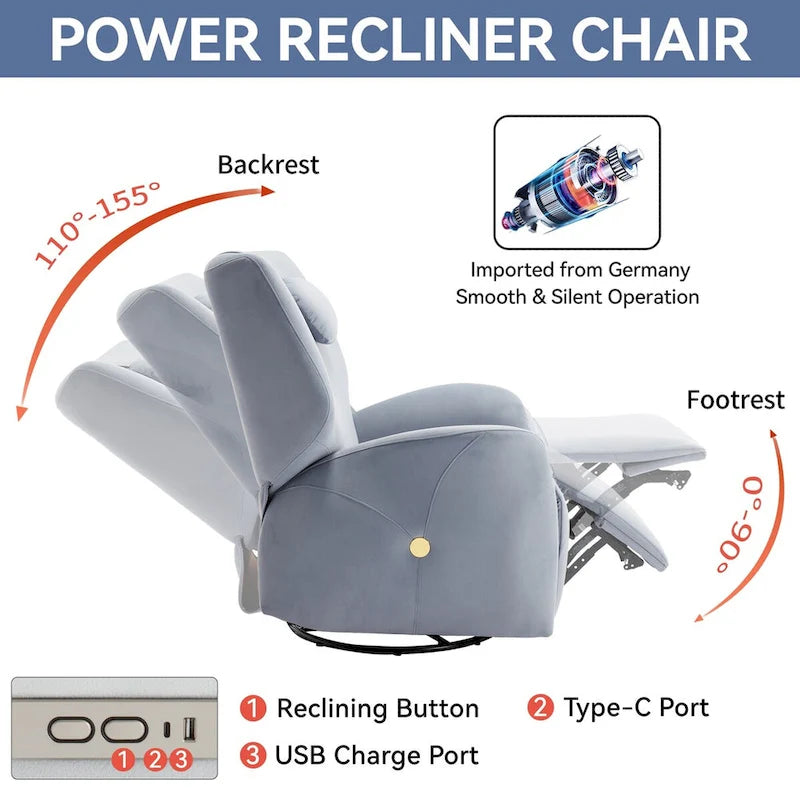 Fauteuil inclinable électrique pivotant et à bascule avec coussin de soutien lombaire et cervical, ports USB et Type-C