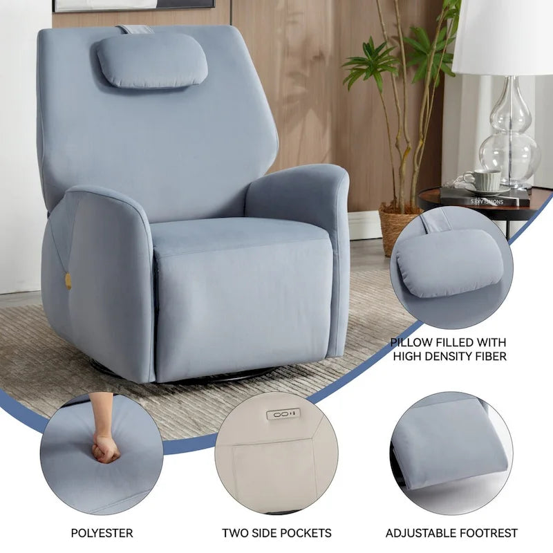 Fauteuil inclinable électrique pivotant et à bascule avec coussin de soutien lombaire et cervical, ports USB et Type-C