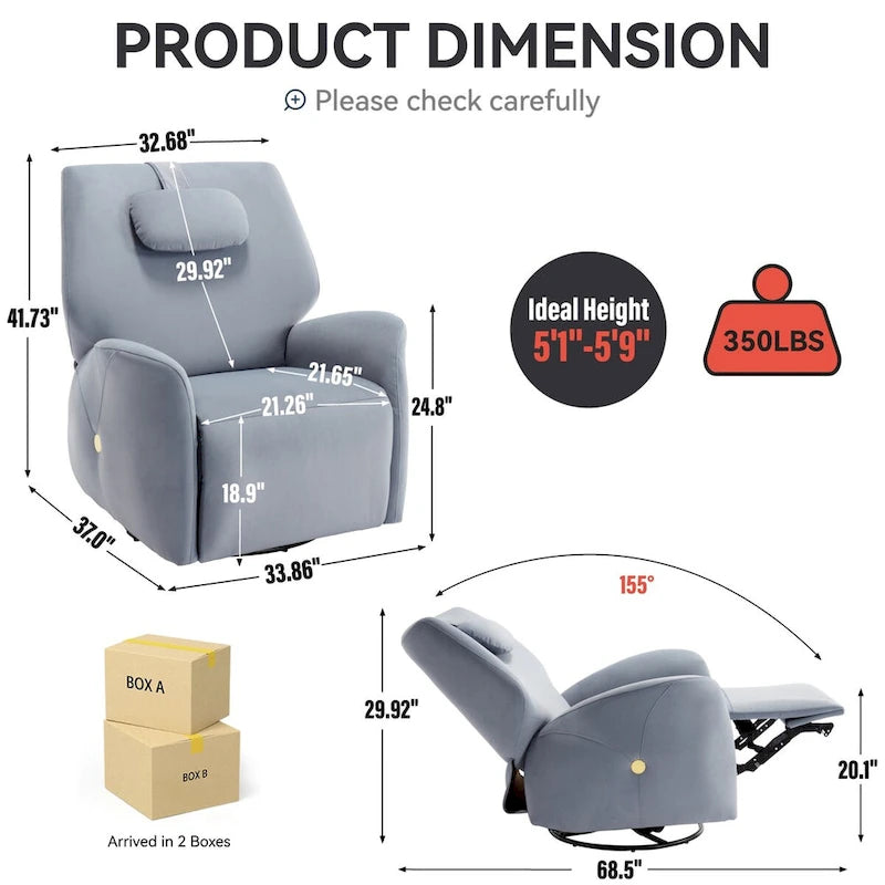 Fauteuil inclinable électrique pivotant et à bascule avec coussin de soutien lombaire et cervical, ports USB et Type-C