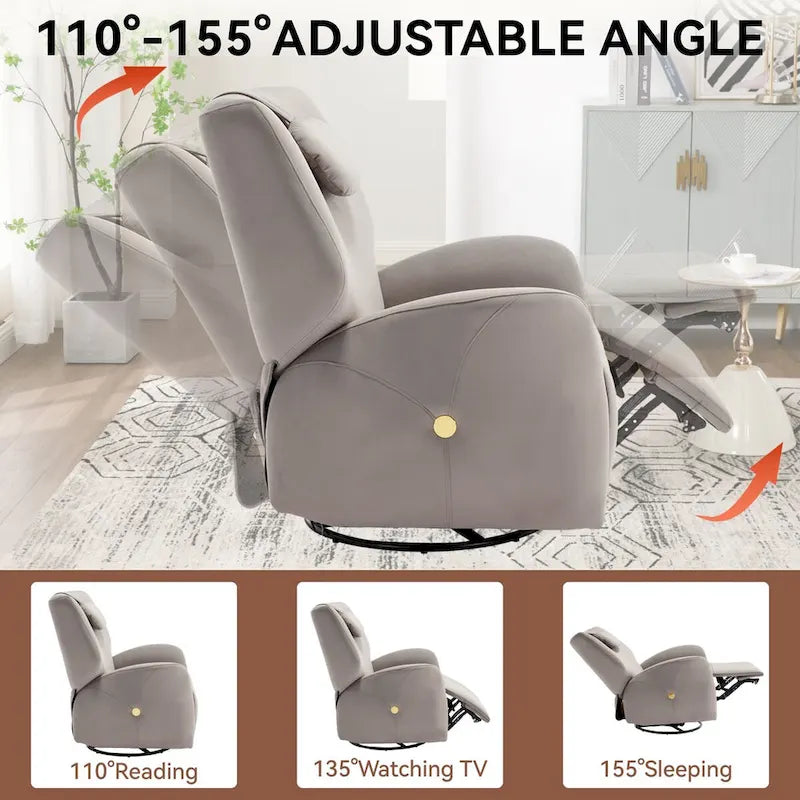 Fauteuil inclinable électrique pivotant et à bascule avec coussin de soutien lombaire et cervical, ports USB et Type-C