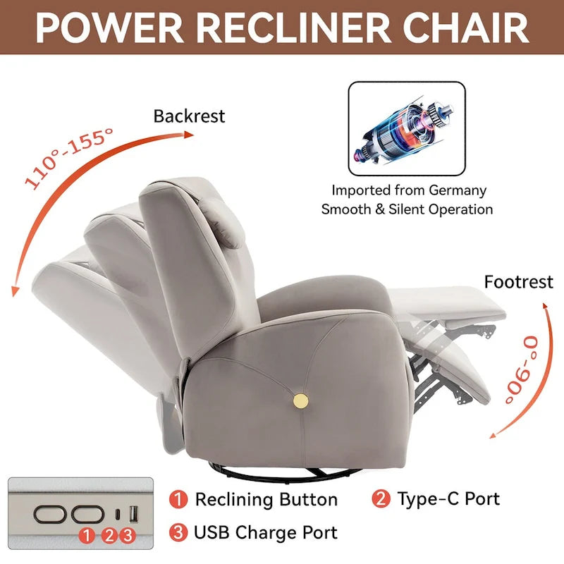 Fauteuil inclinable électrique pivotant et à bascule avec coussin de soutien lombaire et cervical, ports USB et Type-C