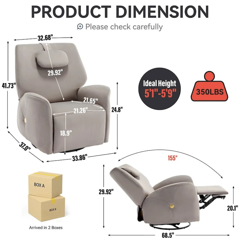 Fauteuil inclinable électrique pivotant et à bascule avec coussin de soutien lombaire et cervical, ports USB et Type-C