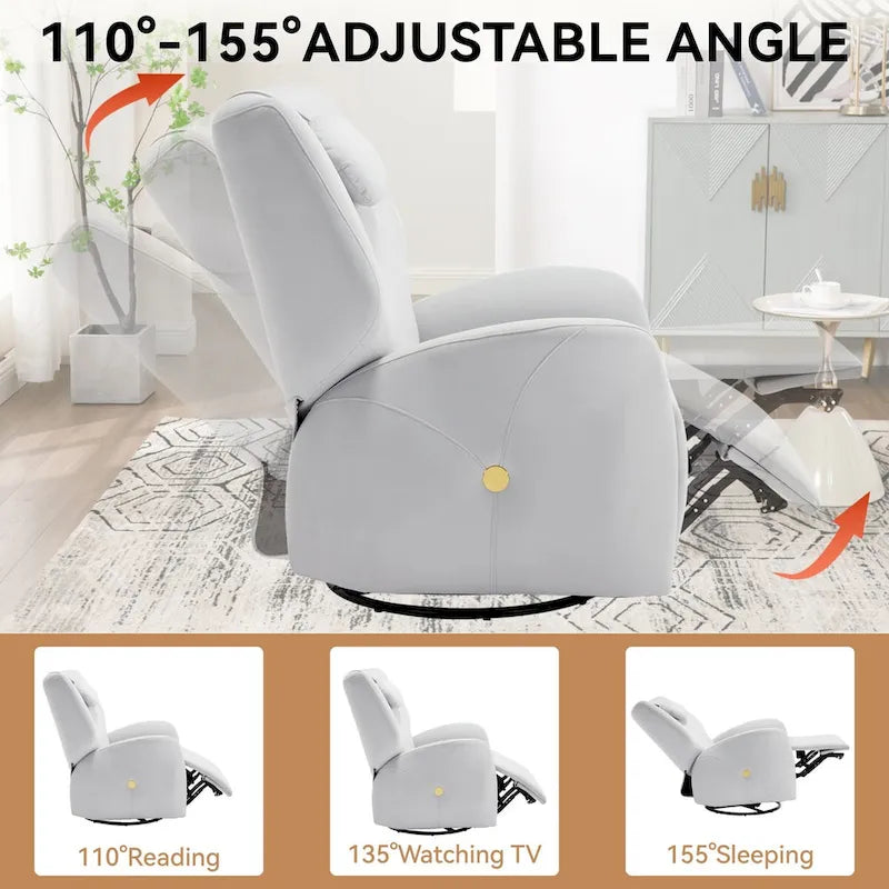 Fauteuil inclinable électrique pivotant et à bascule avec coussin de soutien lombaire et cervical, ports USB et Type-C