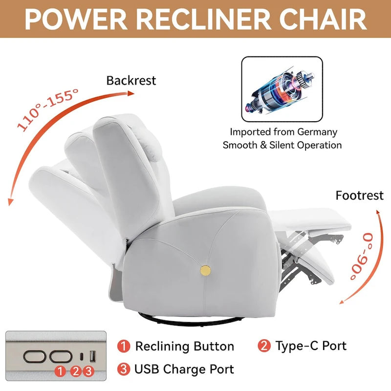 Fauteuil inclinable électrique pivotant et à bascule avec coussin de soutien lombaire et cervical, ports USB et Type-C
