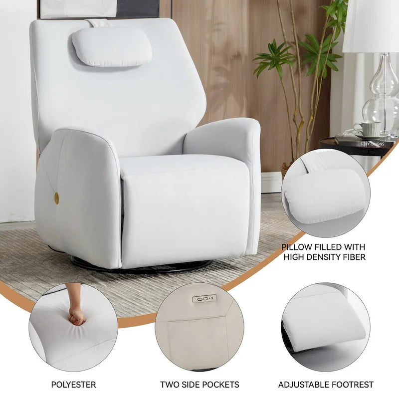Fauteuil inclinable électrique pivotant et à bascule avec coussin de soutien lombaire et cervical, ports USB et Type-C