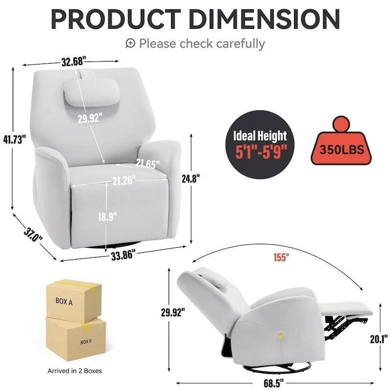 Fauteuil inclinable électrique pivotant et à bascule avec coussin de soutien lombaire et cervical, ports USB et Type-C